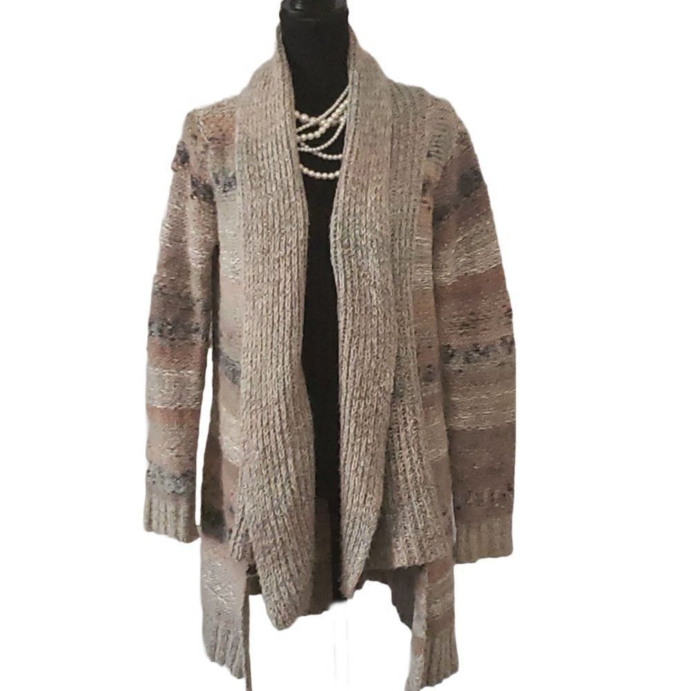 Maurice's Boho Earth Tone Stripe Shawl Collar Open Front Cardigan Sweater Size M